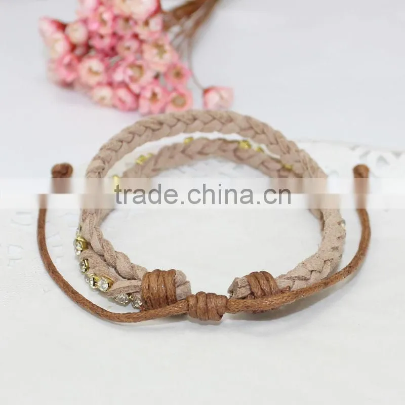 rhinestone chain suede leather braided layered bracelet double strand velvet leather handwoven bracelet