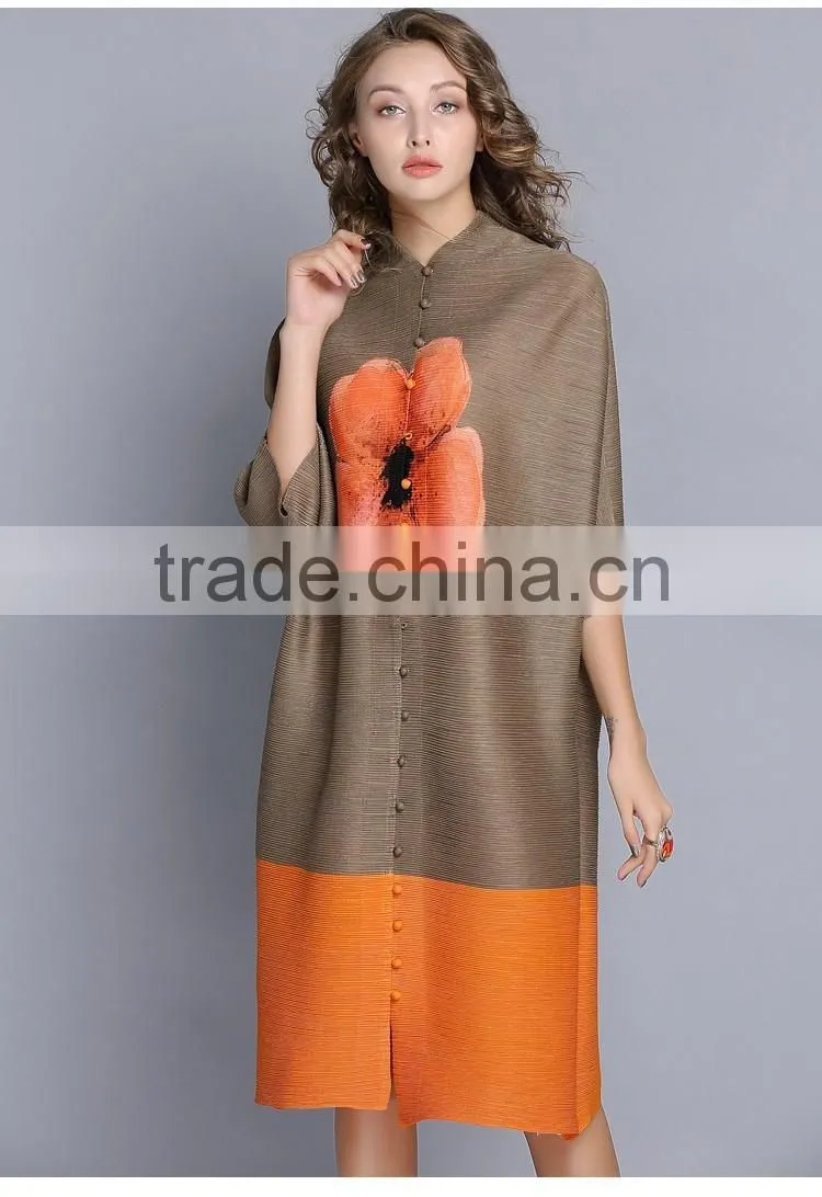 Latest design woman button flower printed crinkled dress
