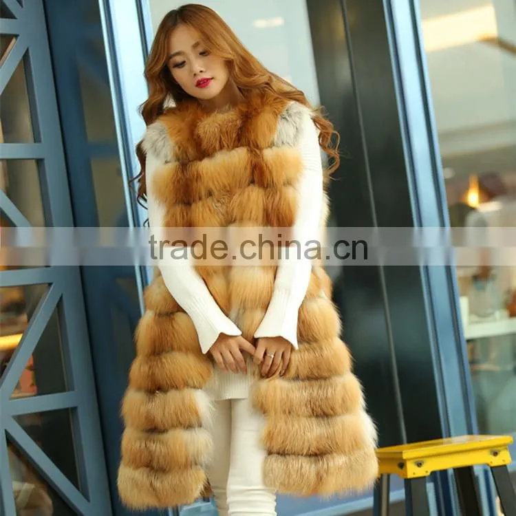 Fox fur Luxury 2016 Winter Fashion Women's Real Fox Fur Vest Long Style Furry Striped Guaranteed Natural Fur Vest Female