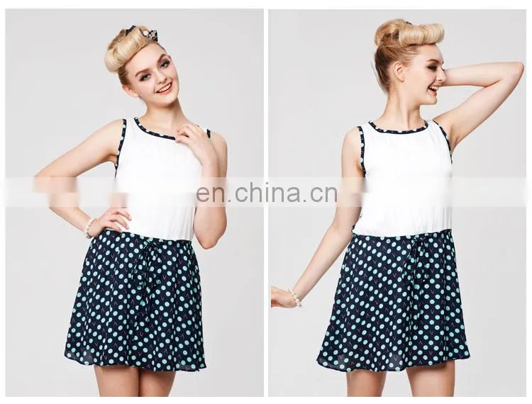 2014Japansese style splicing with contrast color refreshing printed summer dresses