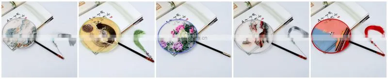 Chinese style multi-pattern silk embroidery dual-faced handmade round fan with long handle and tassel pendant(19*37cm)