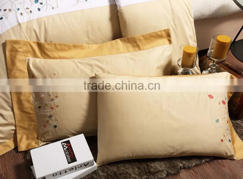 Classic golden 100% cotton hotel bedlinen flower embroidery bed sheet set 500TC wholesale bedding set