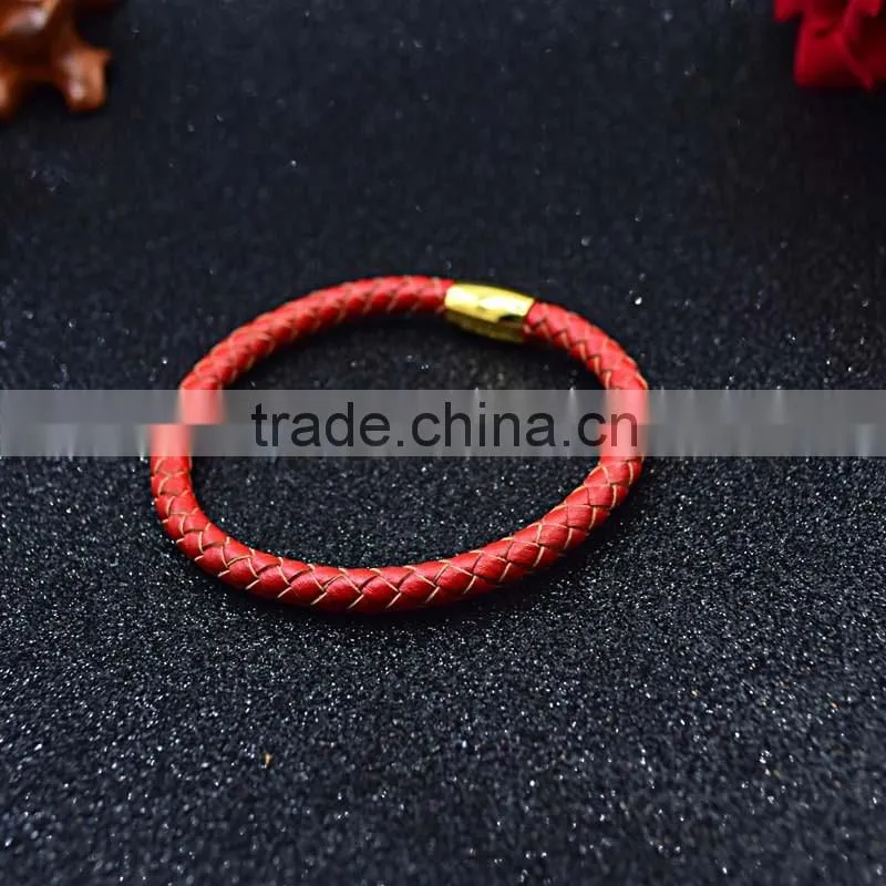 Fashion Stainless Steel Plated 18K Gold Clasp Red Leather Friendship Bracelet