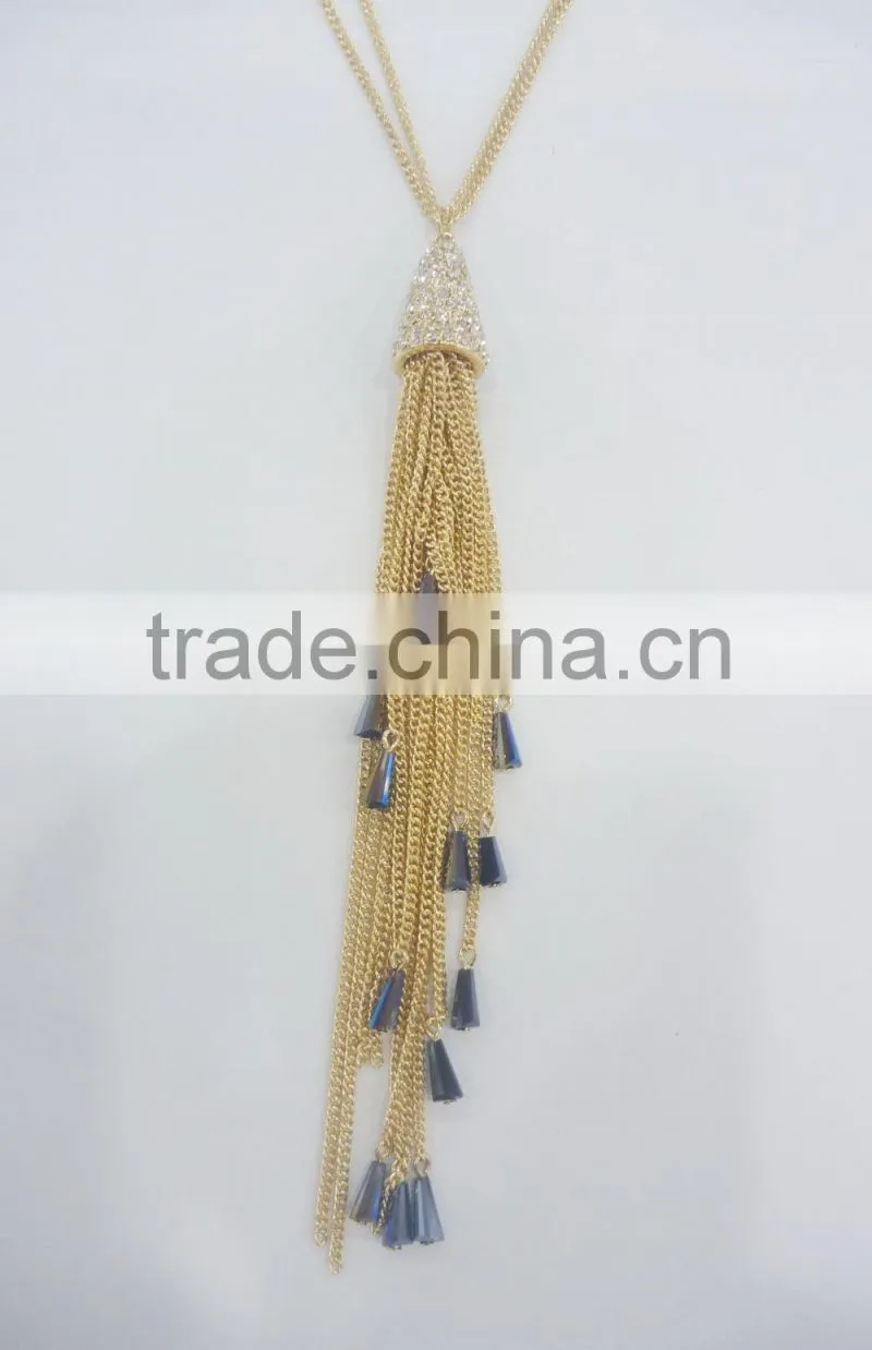 FASHION RHINESTONE PENDANT NECKLACE EARRING WITH CHAIN TASSEL AND GLASS BEADS