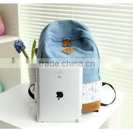 Fashion Floral Lace +Denim Canvas Women Bag Backpack School bag For Teenagers Ladies Girl Back Pack Schoolbag Bagpack