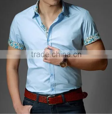 Floral Collar and Sleeve Office Design Light Blue Oxford Shirt