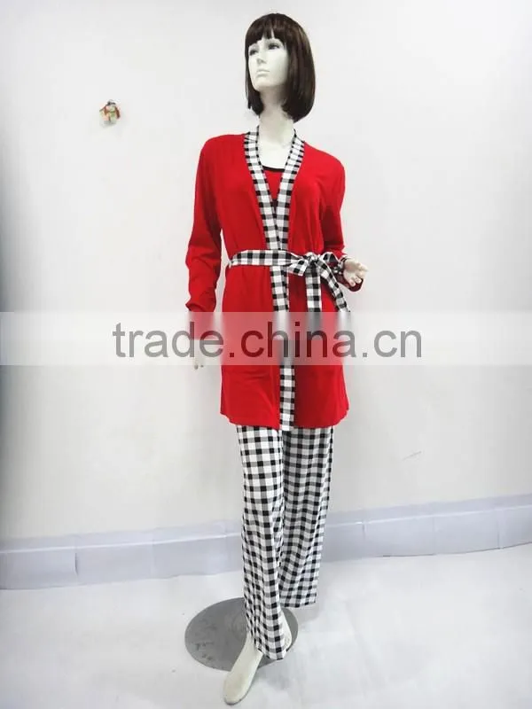 Red classic grid three-piece binding pajamas woman