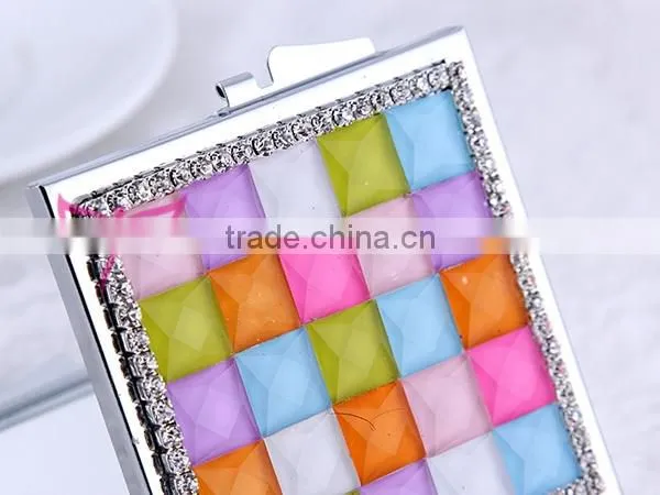 Rainbow color rhinestone double side square cosmetic mirror,makeup double sided square mirror