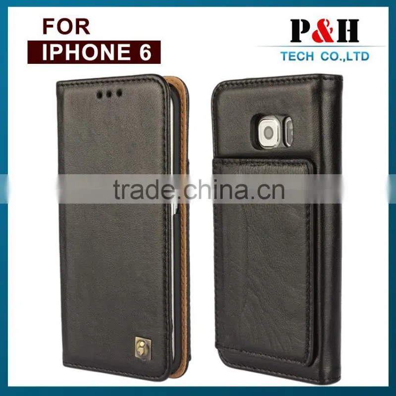 Vintage Customized Litchi Grain Genuine Real Cow Leather Flip Cover Case For iPhone 6 / 6 Plus