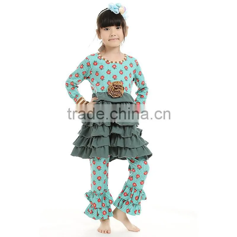 2016 thanksgiving kaiya printed cotton ruffled long sleeve dress and pant fall boutique girl clothing
