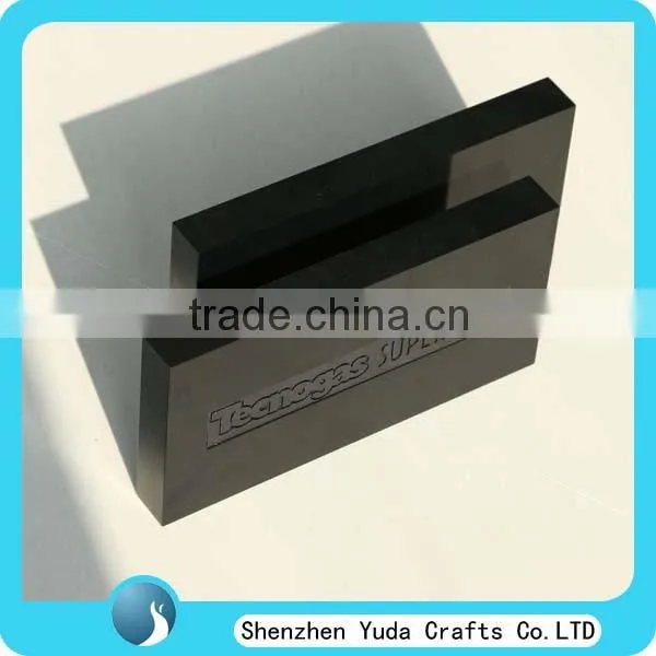 Glossy black plexiglass logo display stand, acrylic block with aluminium logo plaque, custom made good quality logo acrylic