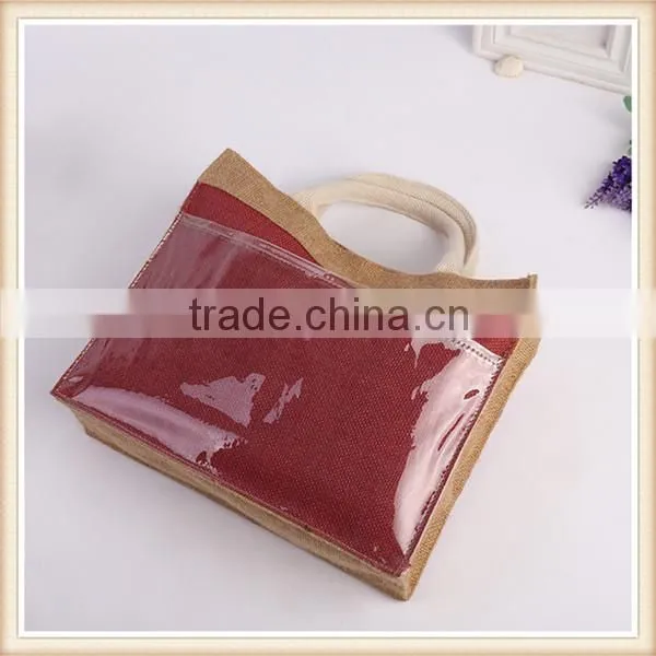 Factory direct sale plain jute bag with pvc pocket