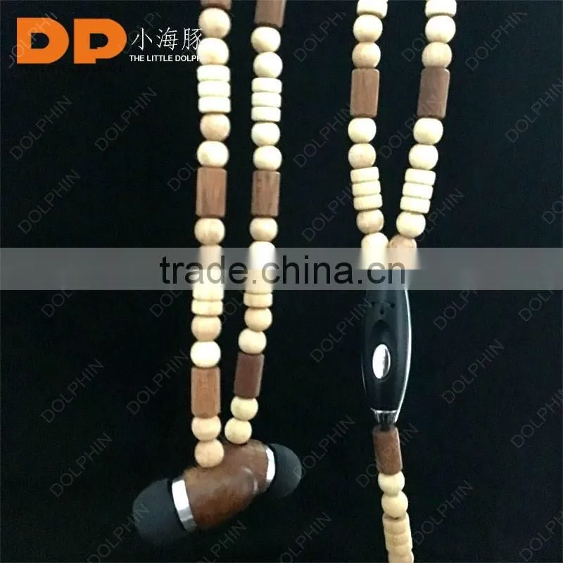 High Quality Unique Design Beads wooden earphones with Microphone Necklace Earphone Necklace Earphone