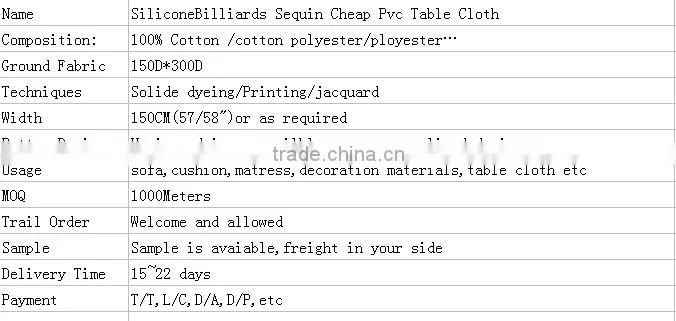Silicone Billiards Sequin Cheap Pvc Table Cloth