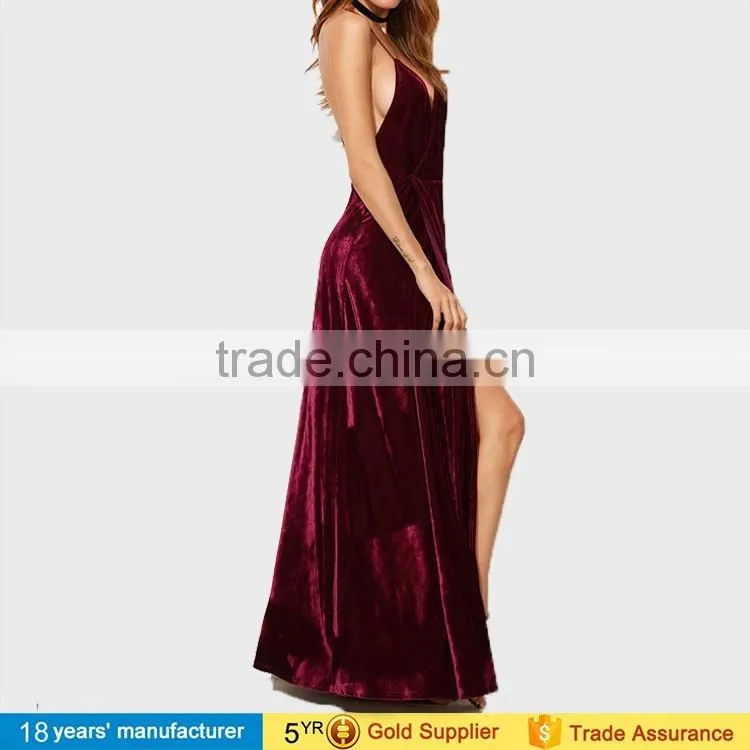 New sexy fashion burgundy spaghetti strap backless wrap maxi long party velvet prom dresses 2016