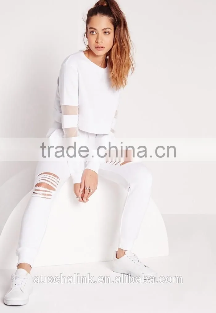 OEM service fashion cheap white ripped front jogger pants