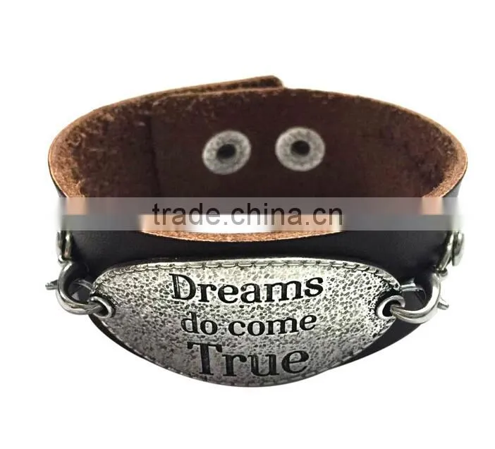 Custom words charms leather bracelet,antique men leather bracelets,stylish leather wristband