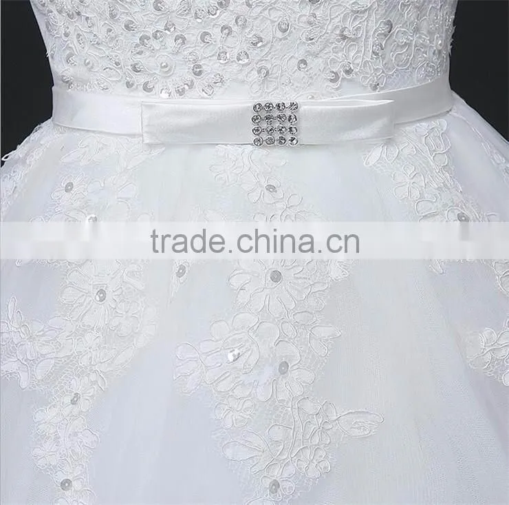 Women Sexy Strapless See-through Hollow Back Beaded Lace Appliqued Wedding Dress Back Straps Crossover