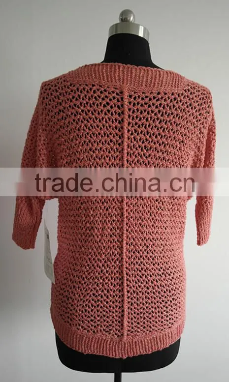 Ladies short sleeve cotton&lurex knittted pullover sweater