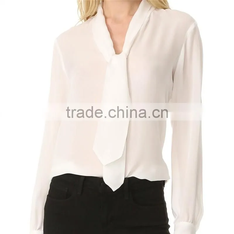 2017 OEM Casual Fine Beam Sleeve Silk Blouse with Neck Tie