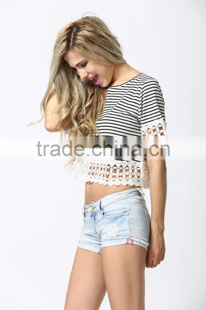 European Style Sexy Women Fashion Round Neck White Short Sleeve Top Stripe Cropped T-shirt 2017