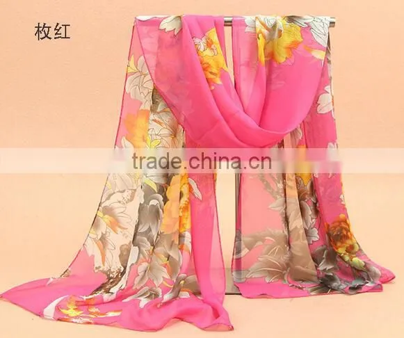 Fashion Women Chiffon Scarf Spring Summer Peony Flower Printing Elegant Lady Shawls Scarves