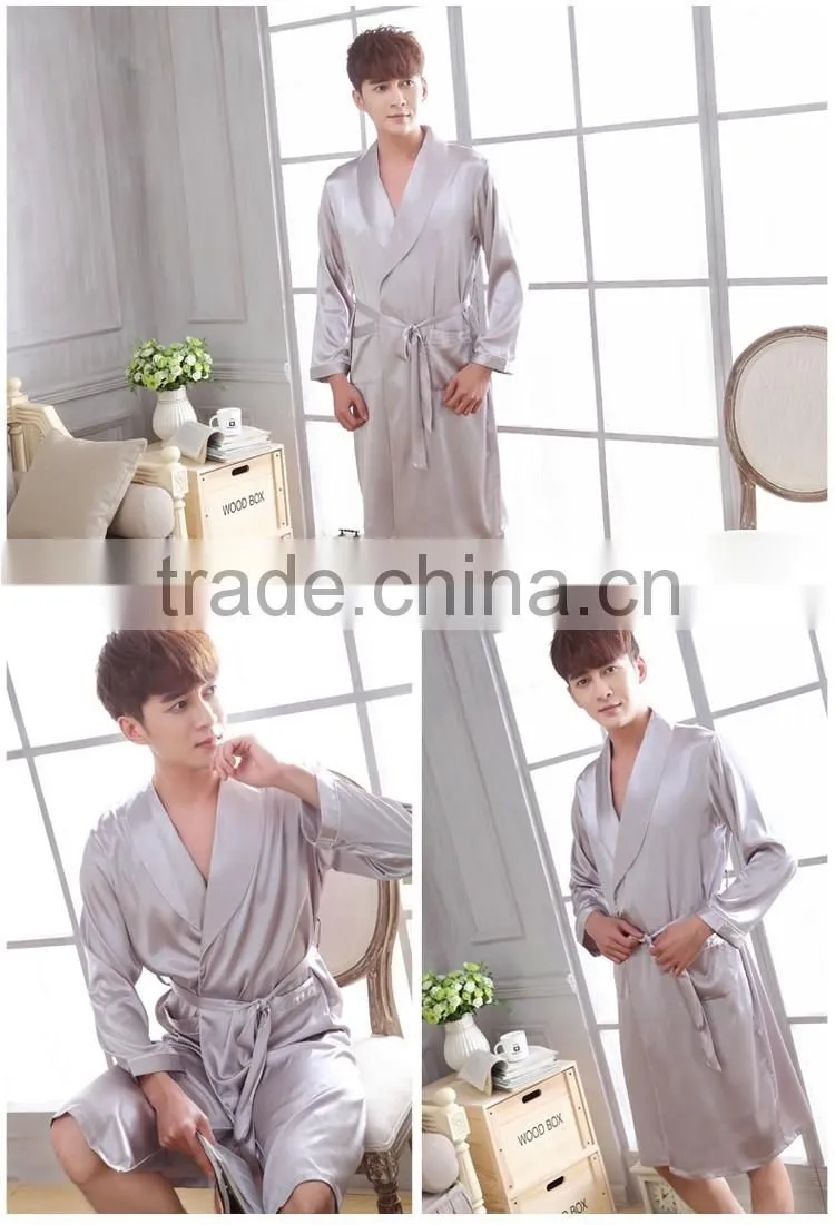 kimono silk robe satin men night robe pocket long belt white
