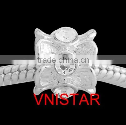 Vnistar Silver plated large hole european beads with clear&pink&cyan crystals for bracelet PBD1225