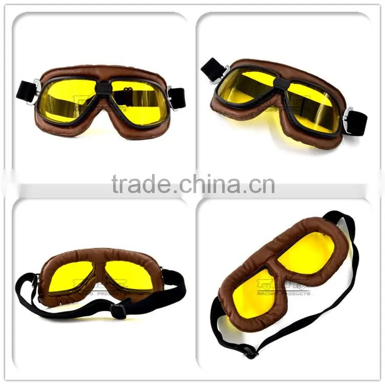 BJ-GT-009 Scratch Resistant Lens Yellow Lens Leather Motorcycle Goggles