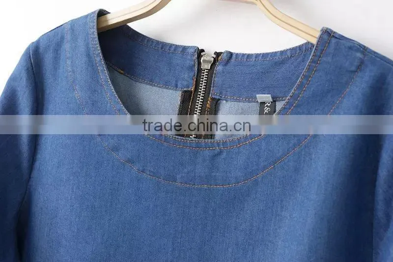 2015 New arrival Latest half sleeve denim woman dress blue denim woman dress