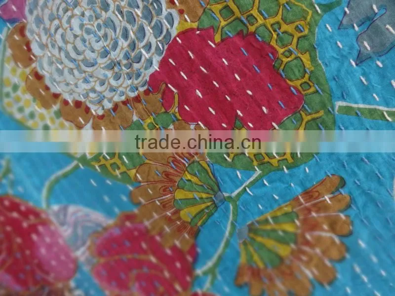 Tropical Handmade Kantha Quilt,Handstiched Kantha Bedspread,Full Double Size Kantha Bedcover,Indian Kanthawork