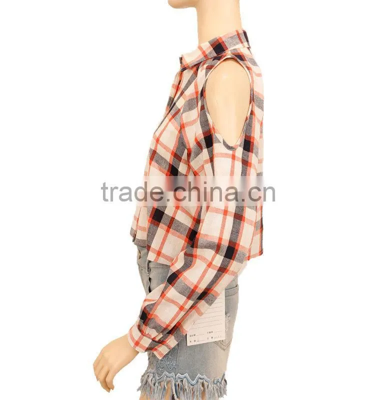 cold shoulder women plaid shirt long sleeve fashion blouses 2015