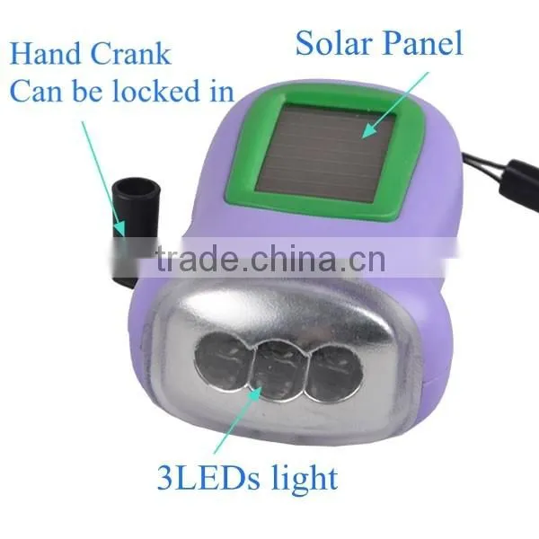 Hand crank emergency Dynamo Solar 3 LED Hand Rechargeable Flashlight