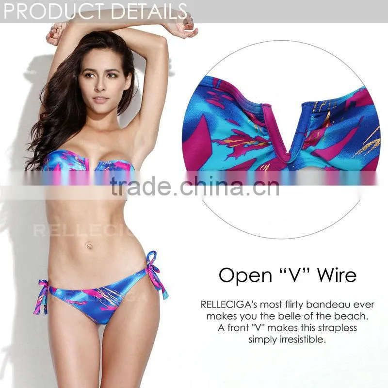 New Scribble Foil Pattern V Wire Bandeau Shiny Metallic Bikini Swimwear in Elastic Bikini Fabric by RELLECIGA