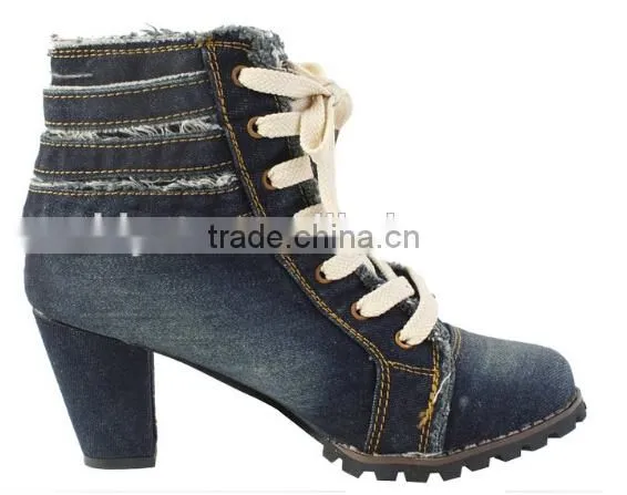 Lady Sexy Shoes,Women's Denim Canvas Zipper High Heel High Top Wedge Shoe Boot