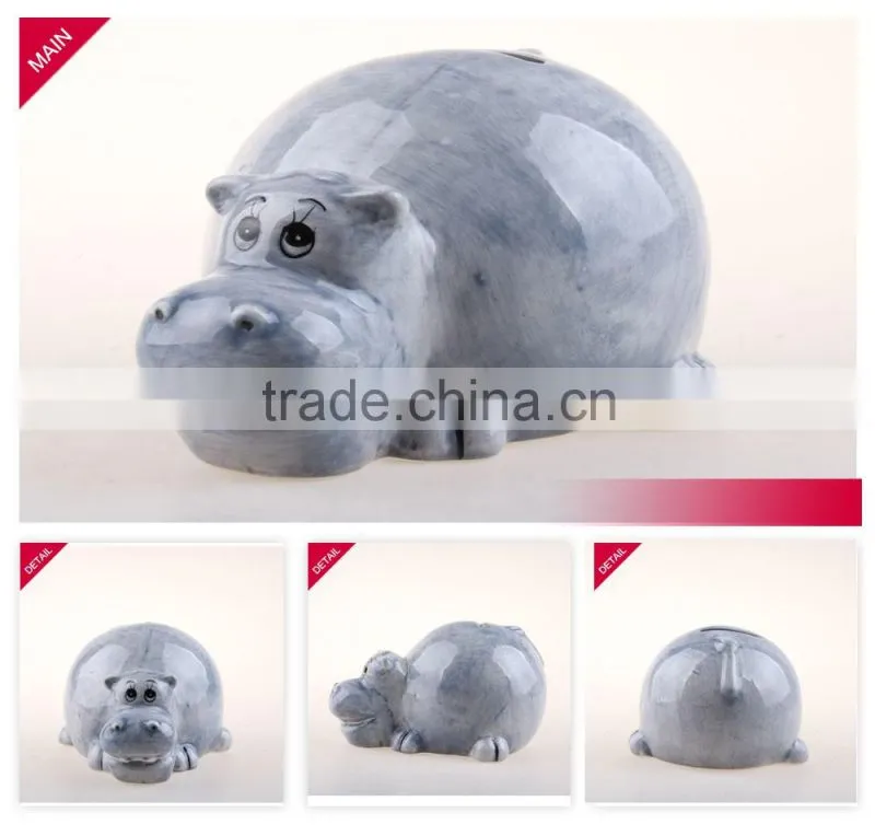 Newest lovely animal shape hippo ceramic piggy bank with hand painted
