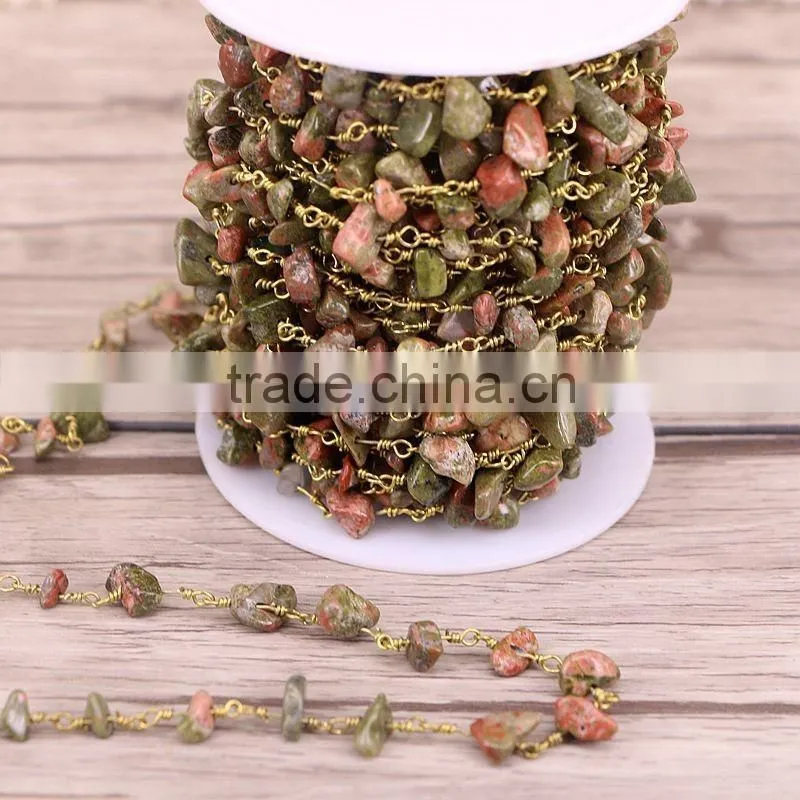 Antique Bronze Plated Brass Hand Wired Unakite Stone Chips Beads Link Rosary Chains Jewelry Findings