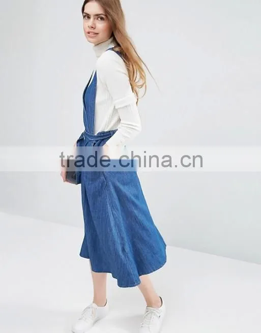 Wrap Front Pinafore Midi Dress Denim Dresses Women