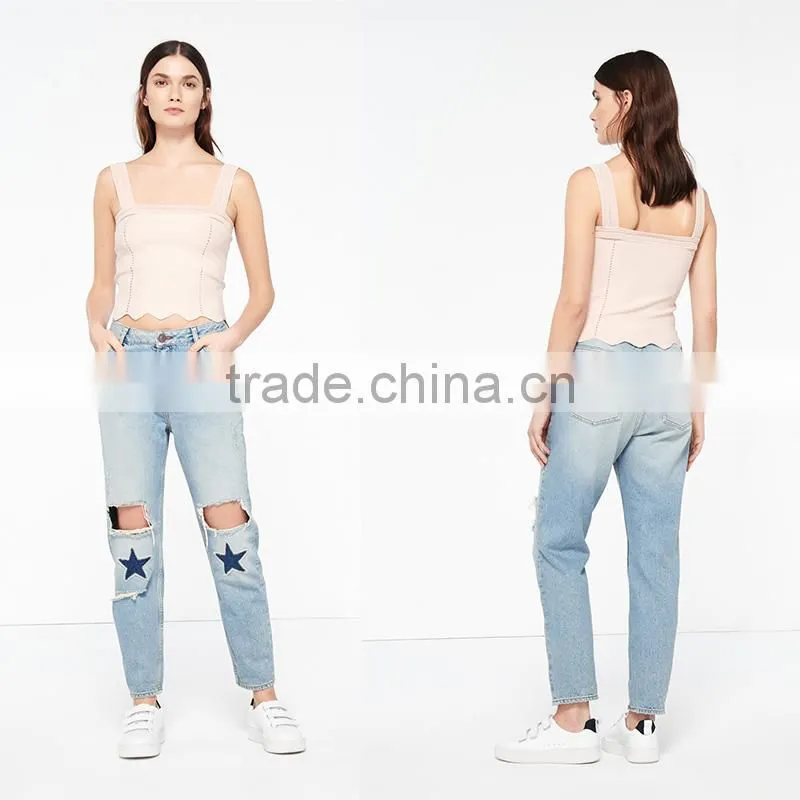 Stitched knit geometric motifs wavy hem wide straps design tank tops