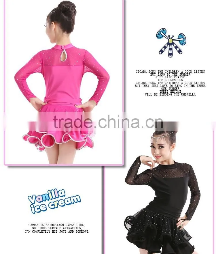 2016 New Fashion Girls High Neck Long Sleeve Performance Dress Child Kids Rhinstone Sequin Mesh Sexy Latin Dance Dress
