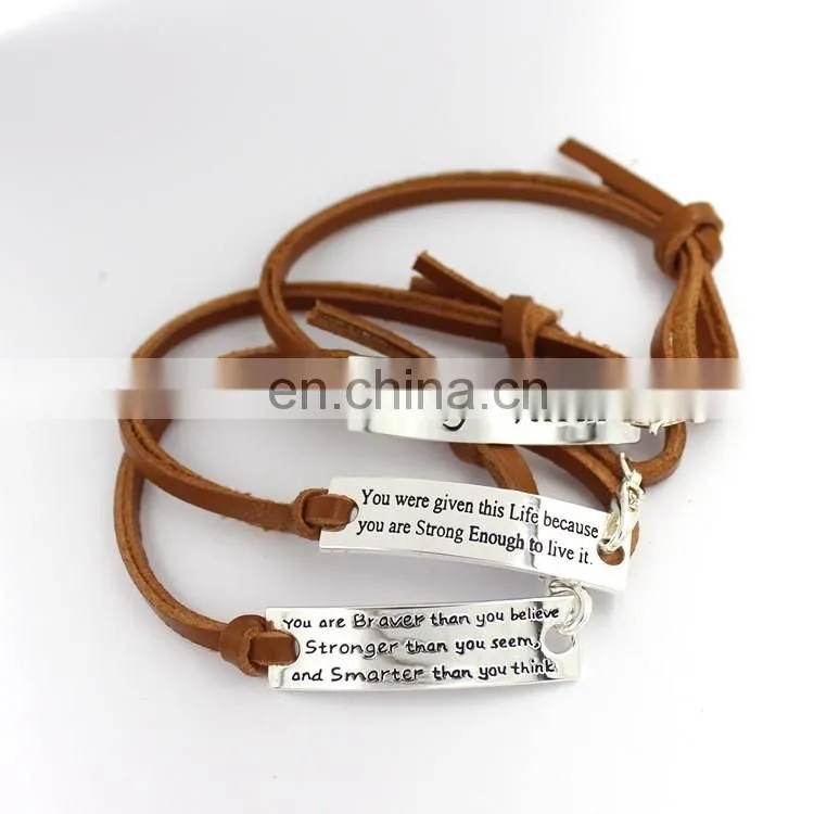 High quality stainless steel jewelry fashion bracelet customerized engrave messages leather bracelet