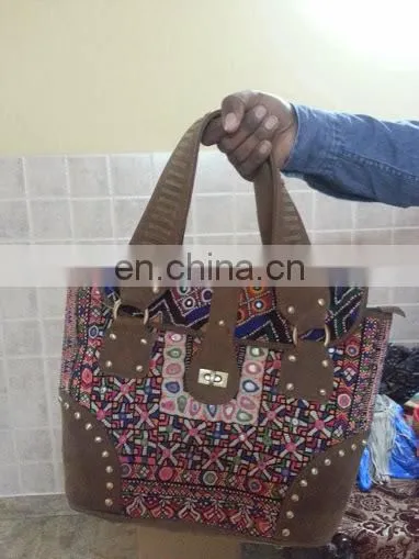 VINTAGE BANJARA EMBROIDERY SUEDE ETHNIC PATCHWORK HANDMADE MIRROR TRIBAL BAG