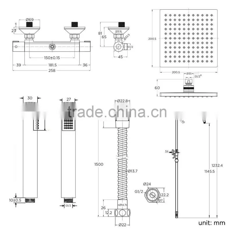 Square Bar Mixer Shower Set Thermostatic Valve with 8" Shower Head + Hand Held