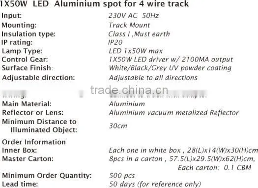50W LED spot light 3years Warranty for 4 wire track with COB chips