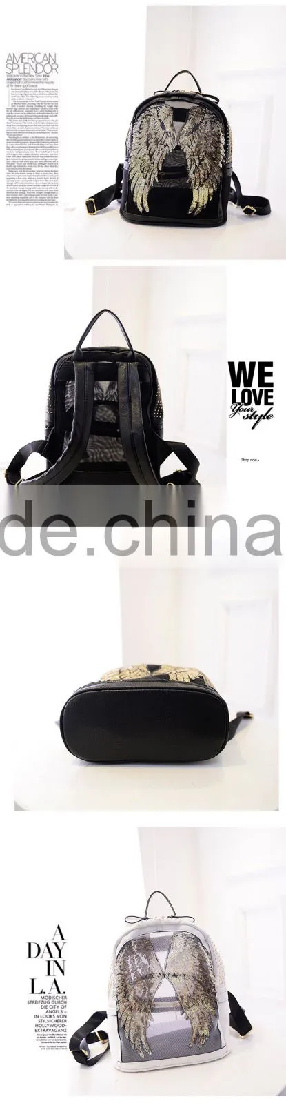 Korea fashion paillette women leather backpack outdoor bag