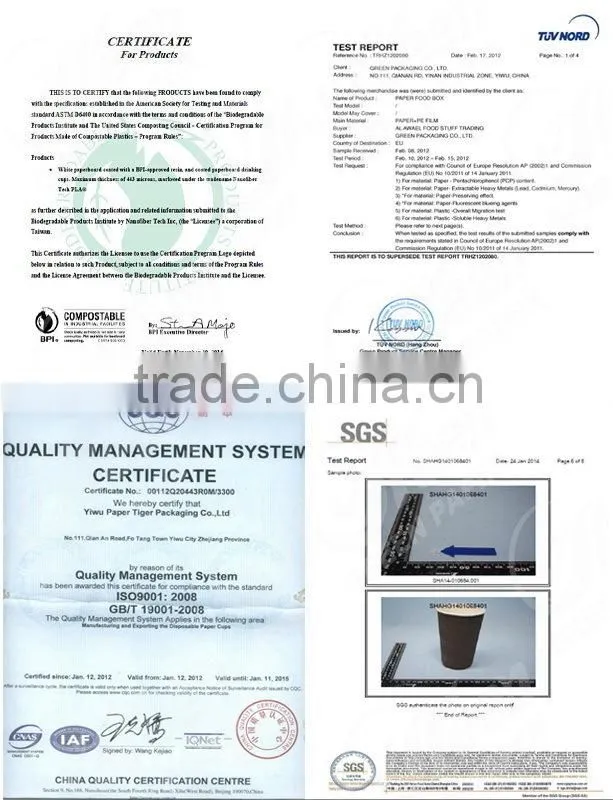 disposable cone paper cup/printed compostable pla cups