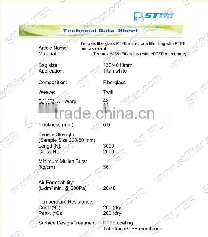 twill weave fiberglass filter bag for titan white,Dia130*4010mm