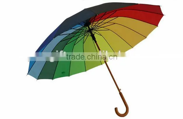 23"*16K auto open Straight rainbow Umbrella with wooden shaft and handle