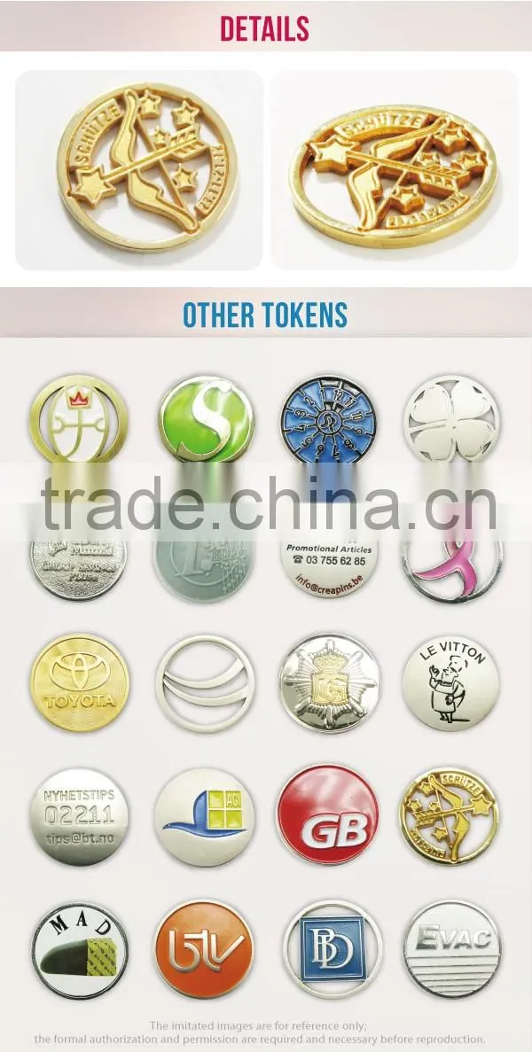 China Supplier metal cut out embossed shopping cart euro trolley coin