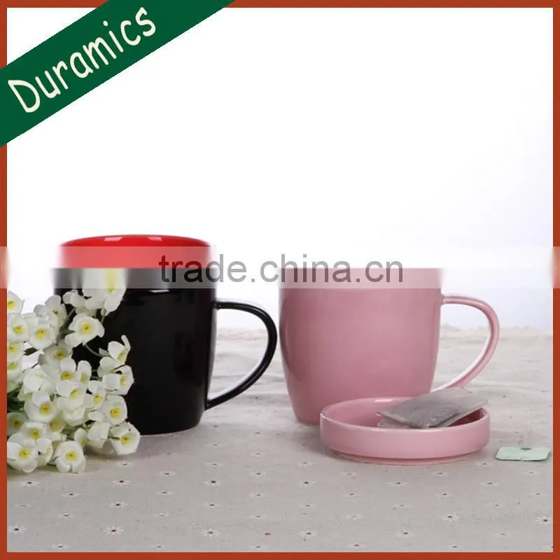Wholesale colorful printing ceramic tea cup with lid and handle